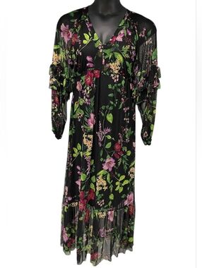 Antthony Women's Printed Mesh Knit Long-Sleeve Floral Maxi Dress Black 1X New